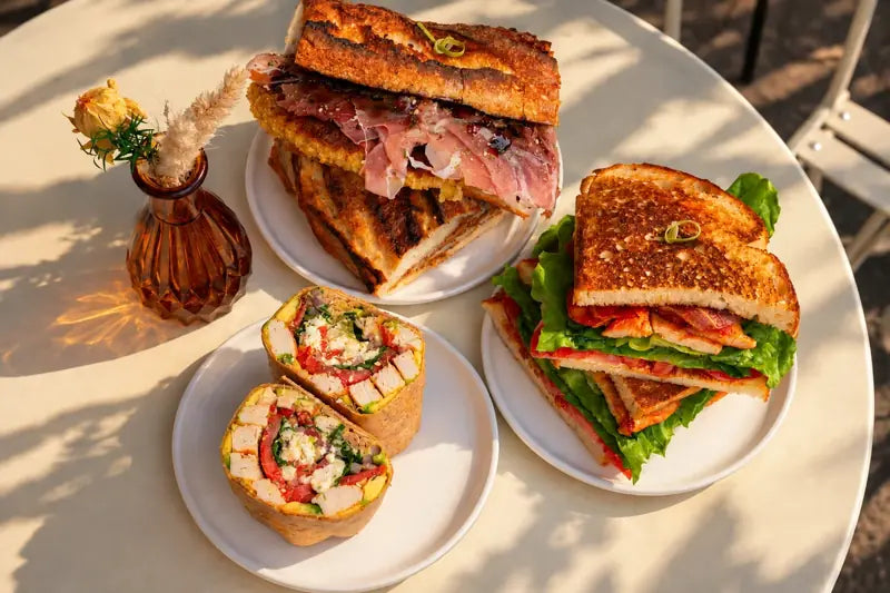 LeTish sandwiches and a wrap served together on a café table
